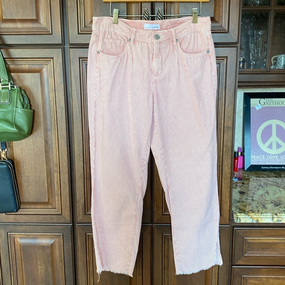 LOFT Pink and White Striped Cropped Pants